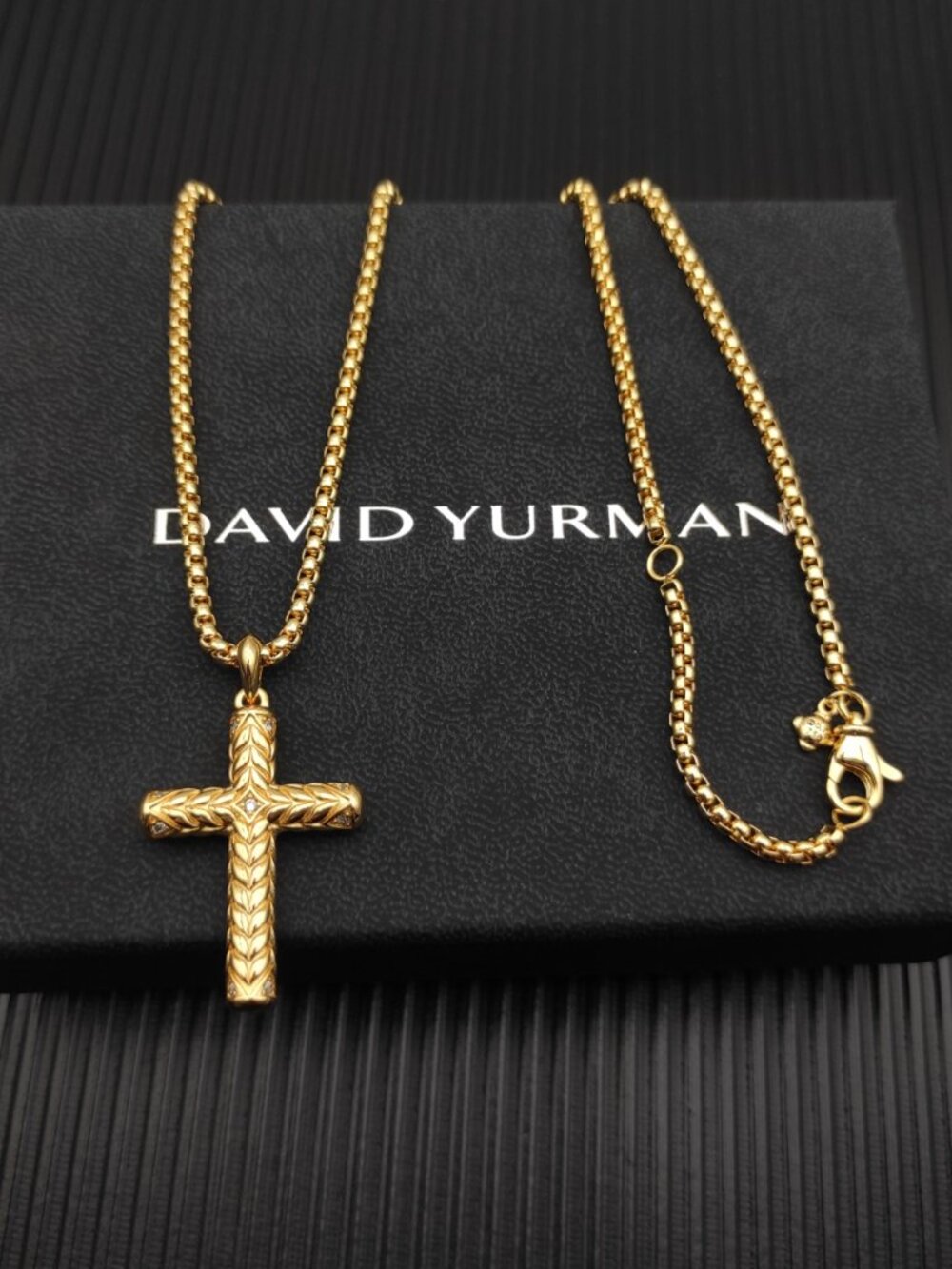 David Yurman Gold Chevron Cross White Diamond Necklace
